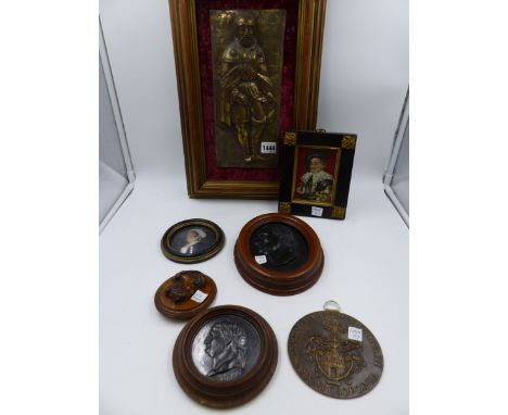 A COLLECTIVE LOT OF INTERESTING CLASSICAL STYLE MEDALLIONS, A WAX MINIATURE PORTRAIT BUST AND A CARVED TREEN BUST, ETC   (7)