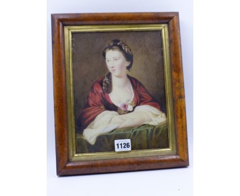 18th/19th.C.ENGLISH SCHOOL A PORTRAIT OF A LADY, WATERCOLOUR IN BURR MAPLE FRAME. 24x18.5cms.