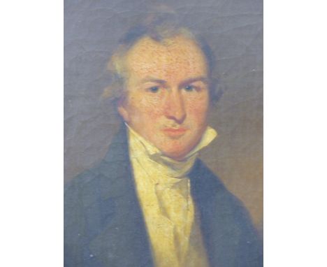 EARLY 19th.C.ENGLISH SCHOOL. CIRCLE OF GEORGE CHINNERY. PORTRAIT OF A GENTLEMAN HOLDING A LETTER, OIL ON CANVAS, UNFRAMED.   