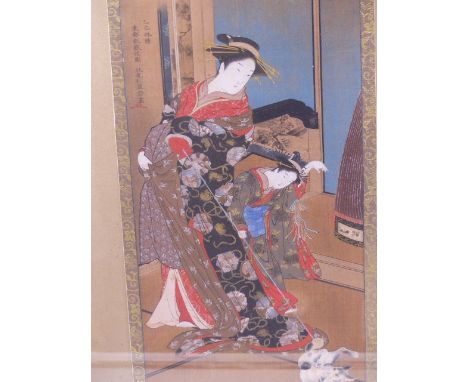 JAPANESE SCHOOL, A SEATED LADY HOLDING A FAN AND TWO LADIES PLAYING WITH A CAT, BOTH SIGNED AND INSCRIBED, WATERCOLOUR ON SIL