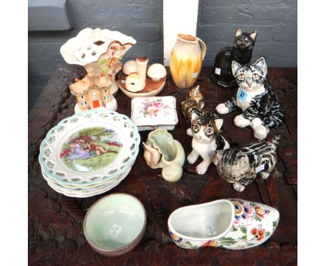 Four Seneshall Studios Fulham pottery figures of cats, a Carltonware mushroom cruet, a Staffordshire model cottage, five ribb