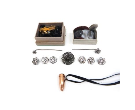 A small group of late 18th century paste set jewellery comprising six paste set buttons and two stick pins, sixteen hardstone