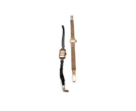A lady's 9ct gold Rotary wristwatch, on bracelet strap and a lady's 9ct gold Art Deco mechanical wristwatch on chord strap, (