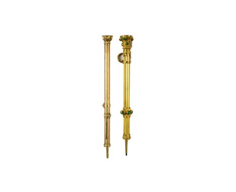 A Victorian engine turned cylindrical propelling pencil and a Victorian rolled gold propelling pencil set with green paste, (