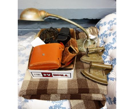 A vintage oxidised metal adjustable desk lamp, a check pattern wool travel rug, and other items, (qty).