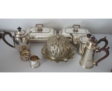 A pair of George III style electroplate entree dishes, Goldsmiths & Silversmiths Company, 26cm wide, and the following electr