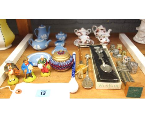 A Wedgwood blue Jasper dip miniature tea service, a similar example by Coalport and other small objects, (qty).