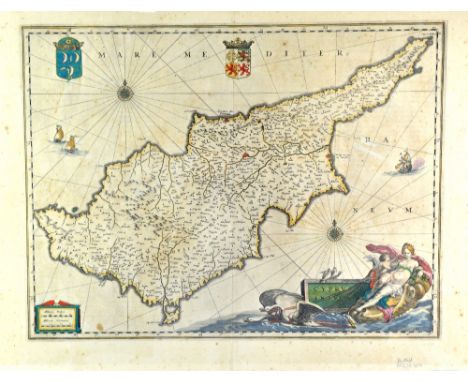 Cyprus, Blaeu (Johannes), Cyprus Insula c.1650, engraved map with hand colouring, elaborate cartouche, two compass roses and 
