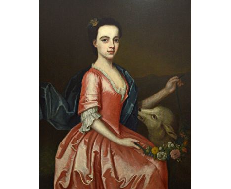 Attributed to Richard J. Phillips (British, 1681-1741), Portrait of Ann Inman with a sheep and garland, bears signature and d