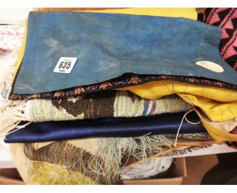 A Chinese chainstitch on silk bag with blue ring handles, a silk and metal thread embroidered panel, and sundry textiles, (qt