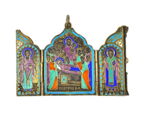 A Russian silver enamel triptych icon, late 19th century maker BP, 6cm wide. Illustrated.