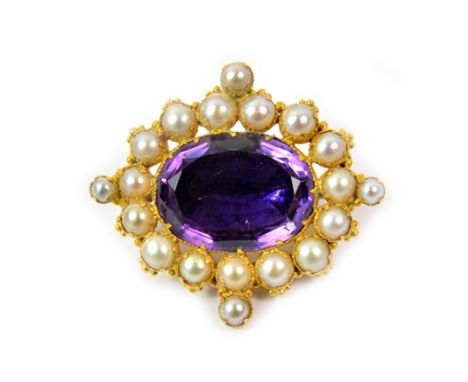 A Victorian gold foil backed amethyst and seed pearl oval cluster brooch, 8.8g gross, cased, (2). Illustrated.