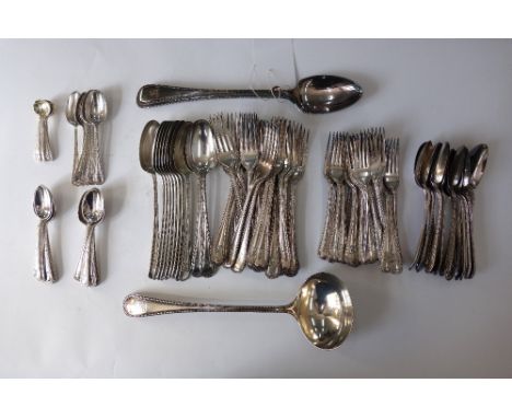 A Victorian electroplate Old English bead edge pattern canteen to include eleven table spoons, sixteen dessert spoons, eighte