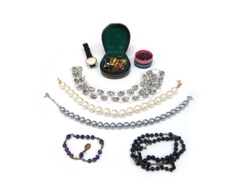 A quantity of costume jewellery, including; four pairs of tiger's eye cufflinks, four further pairs of cufflinks, two large i