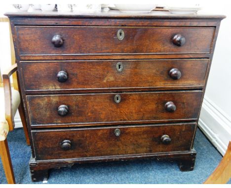 A mid 18th century oak chest of four long graduated drawers, on bracket feet, 95cm wide. 