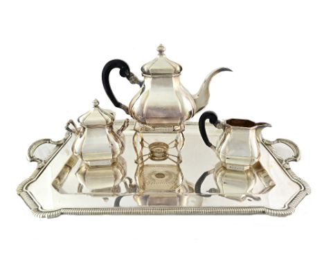 A stylish Dutch silver two handled tea tray, S. Spyer, early 20th century, rectangular with outset canted corners, gadroon bo