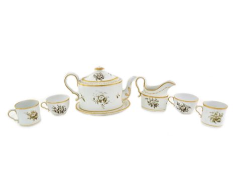 A Spode part tea and coffee service, circa 1800, painted en grisaille with flowers, heightened and banded in gilt, with paint