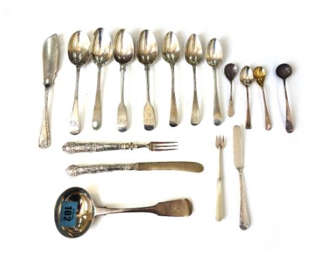A George III silver fiddle pattern sauce ladle, Solomon Hougham, London 1812, and various George III and later silver flatwar