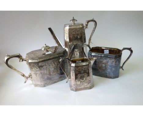 A Victorian four piece electroplate tea and coffee service, rectangular with cut corners, foliate engraved, with registration