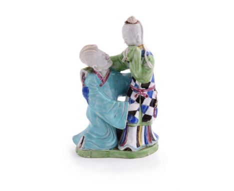 A Chinese Export 'Lovers' group of 'The Record of the Jade Hairpin', Qianlong, the scholar Pan Bizheng kneeling on one leg, h