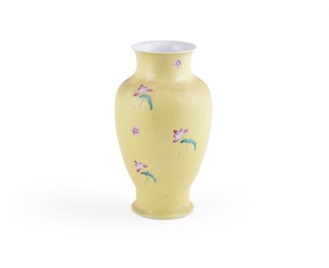 A Chinese yellow-ground vase, probably Xuantong or Republican Period, the surface with sgraffiato ground with scrolling folia