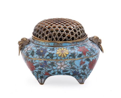 A Chinese cloisonné censer, 16th or 17th century, with a pair of applied lion-mask and loose-ring handles, standing on four f
