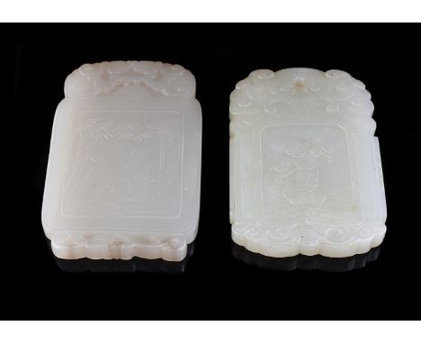 Two Chinese white jade carved pendants, Qing Dynasty, 18th or 19th century, one inscribed Bai zi, each approximately 6cm high