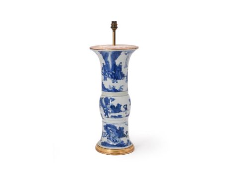 A Chinese blue and white 'Seven Scholars' Phoenix Tail vase, Kangxi, the vase 46cm high, adapted as a lampProvenance: The Pro