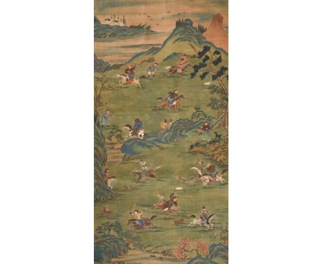 Chinese School, Qing Dynasty, a hunting scene, ink and colours on silk, scroll, picture size 153cm high x 78cm wide Provenanc