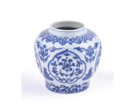 A Chinese blue and white jar, probably Guangxu or Republic, painted with four panels of flowers, scroll borders, with six cha