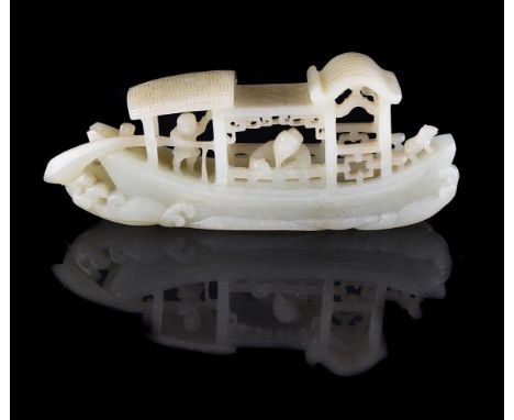 A Chinese pale celadon jade carving of a Sampan, Qing Dynasty, 19th century, with white mottled inclusions, carved in openwor