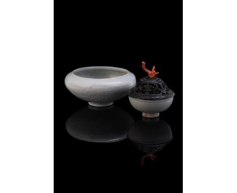 Y A Qingbai-type bowl, Yuan Dynasty, with floral moulded exterior and key-fret band, unglazed foot rim, approximately 15cm di