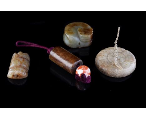 Four various good Chinese jade carvings, Ming Dynasty and Qing Dynasty, comprising: an attractive celadon and brown jade carv