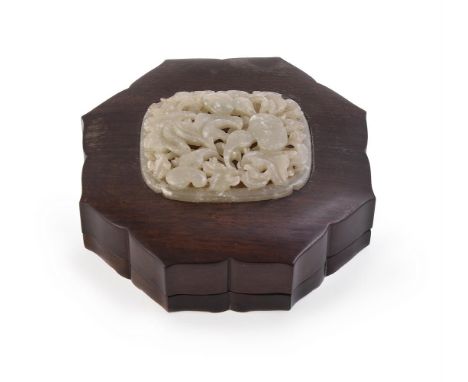 A Jade mounted Zitan box and cover, the Jade Ming Dynasty, of grey celadon colour with white inclusions, the jade plaque 6.5c