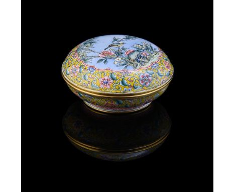 A Chinese small enamel seal paste box, finely painted with a bird perched on a bamboo stem, with complex yellow-ground floral