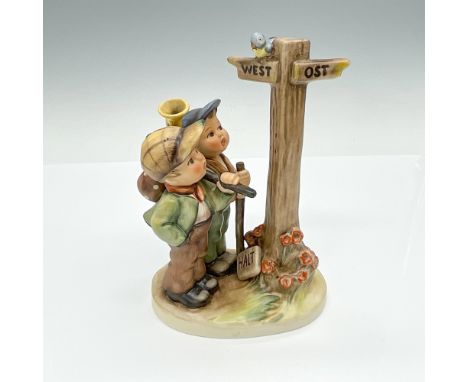 Two boys pause at a crossroads deciding which way to go. A bird sits perched on the sign. Limited edition M.I. Hummel, Celebr