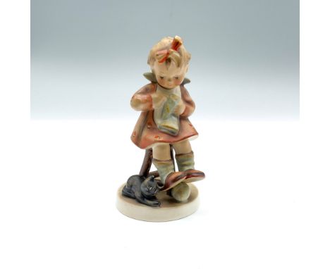 This hand painted figurine depicts a young girl on a stool working with yarn and a cat by her feet. Goebel backstamp. Artist: