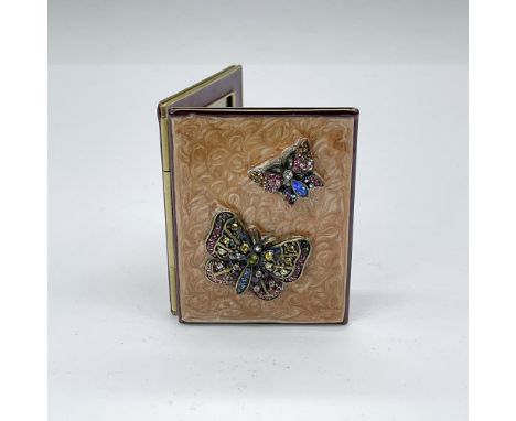Beautiful petite frame adorned with a blush-colored swirled pattern, enriched by colorful butterflies encrusted with Swarovsk