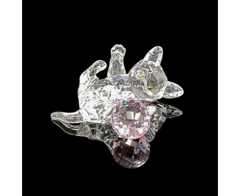 Adorable figural designed in clear crystal faceted body with olivine eyes playing with blue crystal ball. Swarovski backstamp