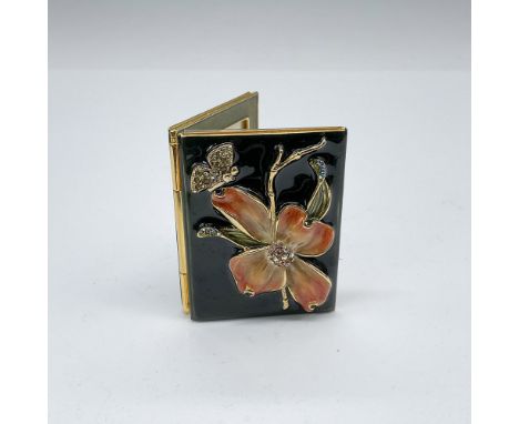 Exquisite book-like frame, exterior adorned in sleek black with a striking orange flower and butterfly on the cover, embellis