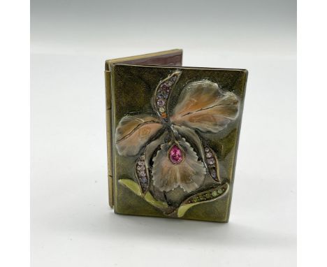 Sage green enameled double frame has a lovely raised floral design that is enhanced with crystal appointments. Interior frame