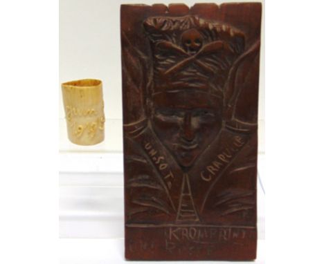 GREAT WAR - A FRENCH TRENCH ART CARVED MAHOGANY STYLIZED PORTRAIT PANEL OF THE GERMAN CROWNED PRINCE WILHELM  with long donke