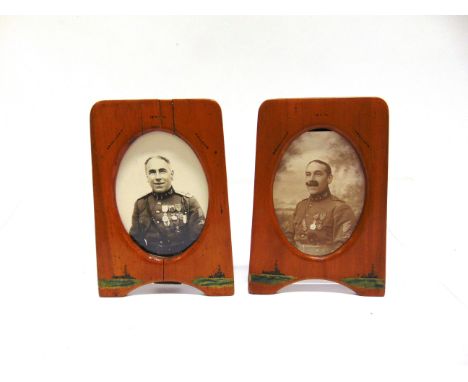 GREAT WAR - A PAIR OF BLONDE WOOD 'GORNINGEN' (INTERMENT CAMP) PHOTOGRAPH FRAMES  decorated with painted battleships, with ov