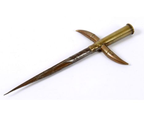 GREAT WAR AVIATION - A BRITISH TRENCH ART MODEL DAGGER  the grip and cross-guard worked from brass .303 inert ammunition, the