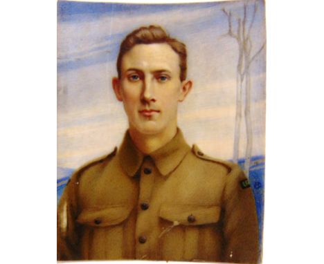GREAT WAR - A WATERCOLOUR MINIATURE PORTRAIT STUDY OF A LONDON RIFLE BRIGADE INFANTRYMAN  head and shoulders against stark ba
