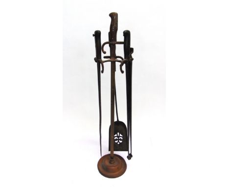 GREAT WAR - A FRENCH TRENCH ART FIRE IRON COMPANION SET  comprising shovel, tongs, poker, and stand each tool with French Bay