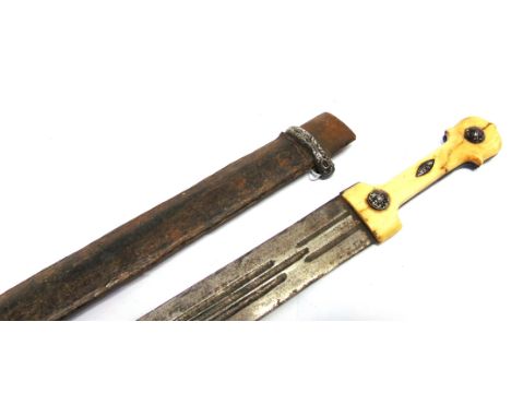 19TH CENTURY - A CAUCASIAN SHORTSWORD KINDJAL  with broad double-edged blade with etched decorated triple fullers on each fac