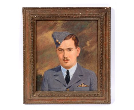 SECOND WORLD WAR AVIATION - AN OIL ON BOARD HEAD AND SHOULDER PORTRAIT OF A YOUNG R.A.F. PILOT  painted using available 'camo