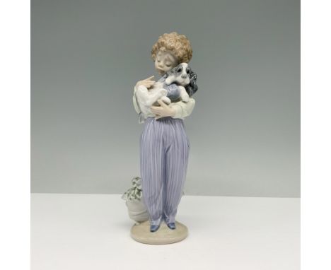 Glossy figural holding his dog was part of the Collectors Society. Soft coloration of white, violet and sage. Lladro backstam