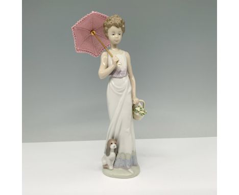 Glossy finish, depicts a woman in a white sun dress carrying a basket of flowers alongside her dog while holding a parasol. L